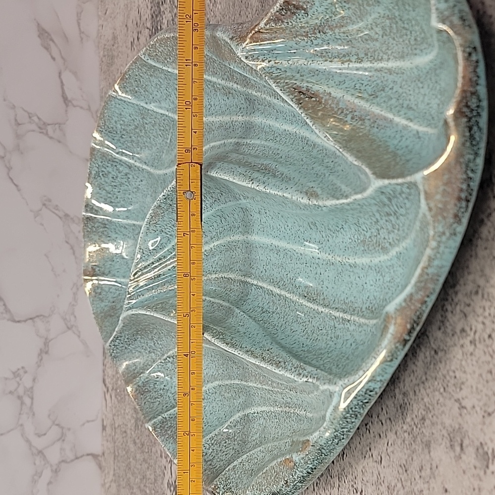 Mid Century Modern California Pottery Turquoise & Gold Leaf Divided Relish Tray - Picture 9 of 11